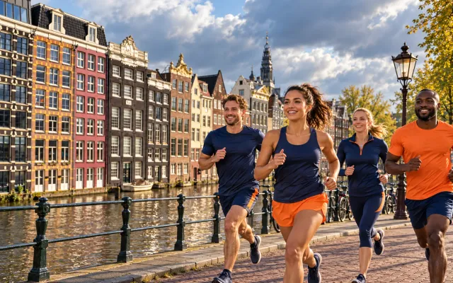 Running illustration for Amsterdam: adult runners in a destination setting; not the featured race edition or its course.