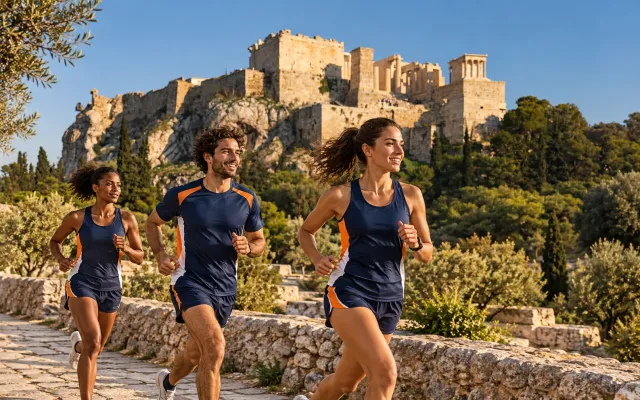 Running illustration for Athens: adult runners in a destination setting; not the featured race edition or its course.