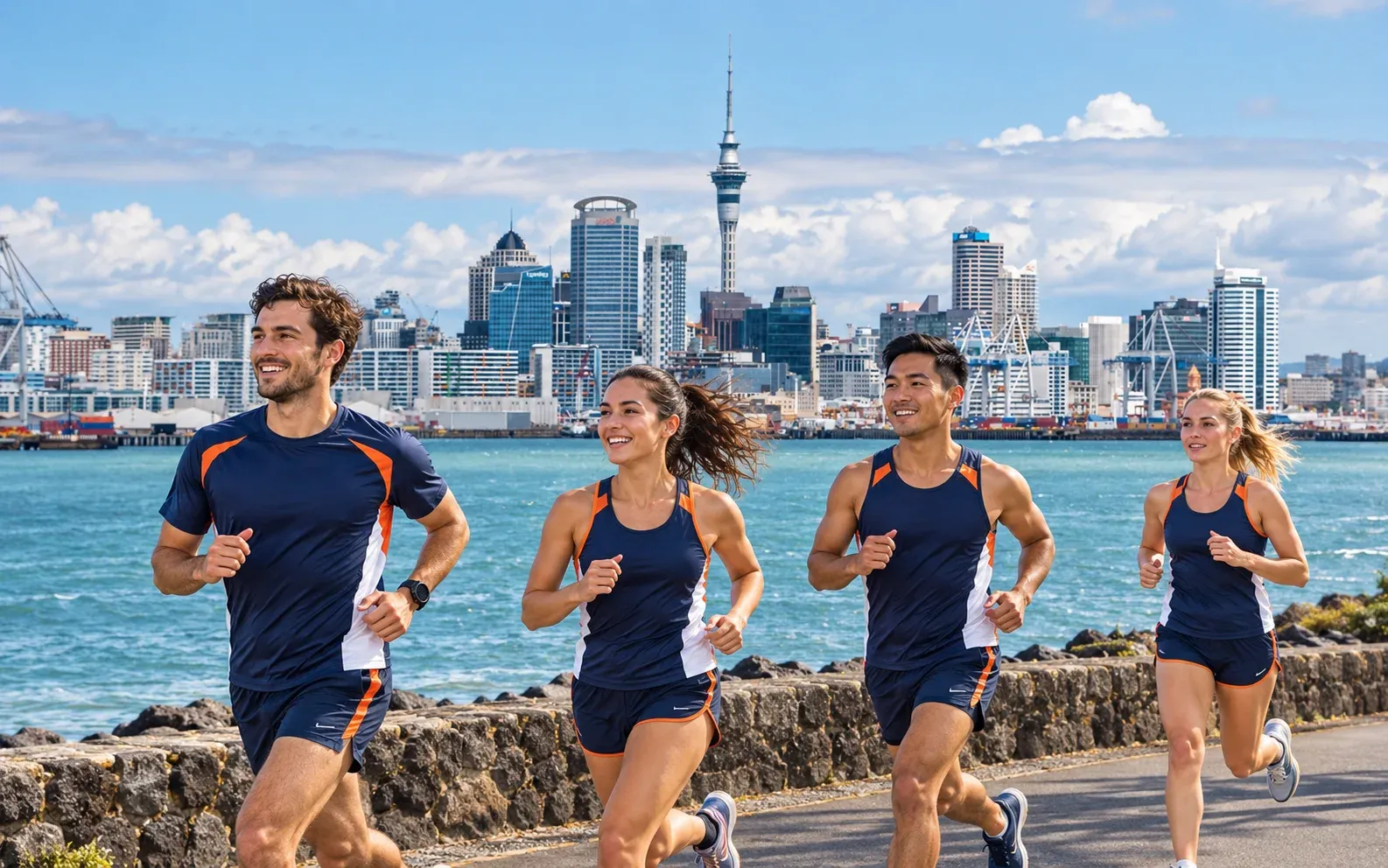 Running illustration for Auckland: adult runners in a destination setting; not the featured race edition or its course.