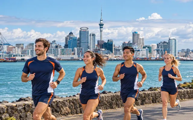Running illustration for Auckland: adult runners in a destination setting; not the featured race edition or its course.