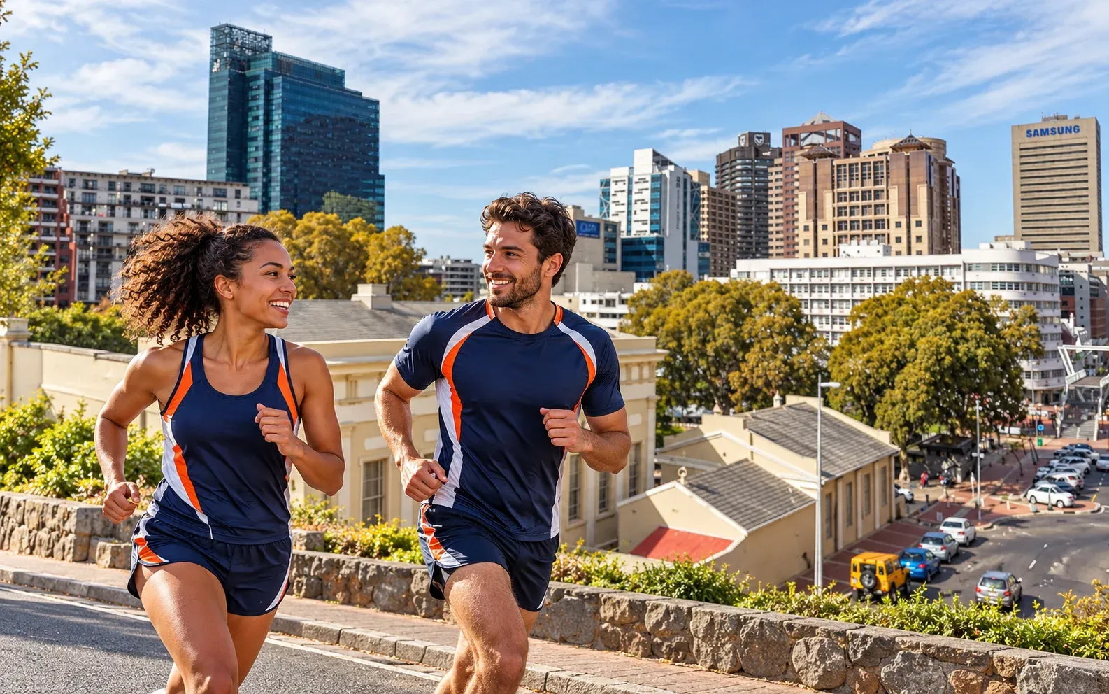 Running illustration for Cape Town: adult runners in a destination setting; not the featured race edition or its course.