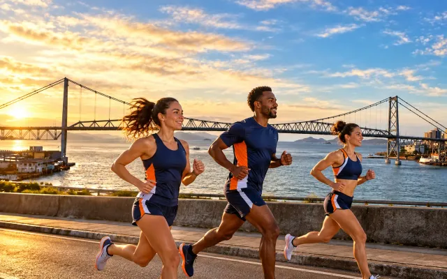 Running illustration for Florianópolis: adult runners in a destination setting; not the featured race edition or its course.