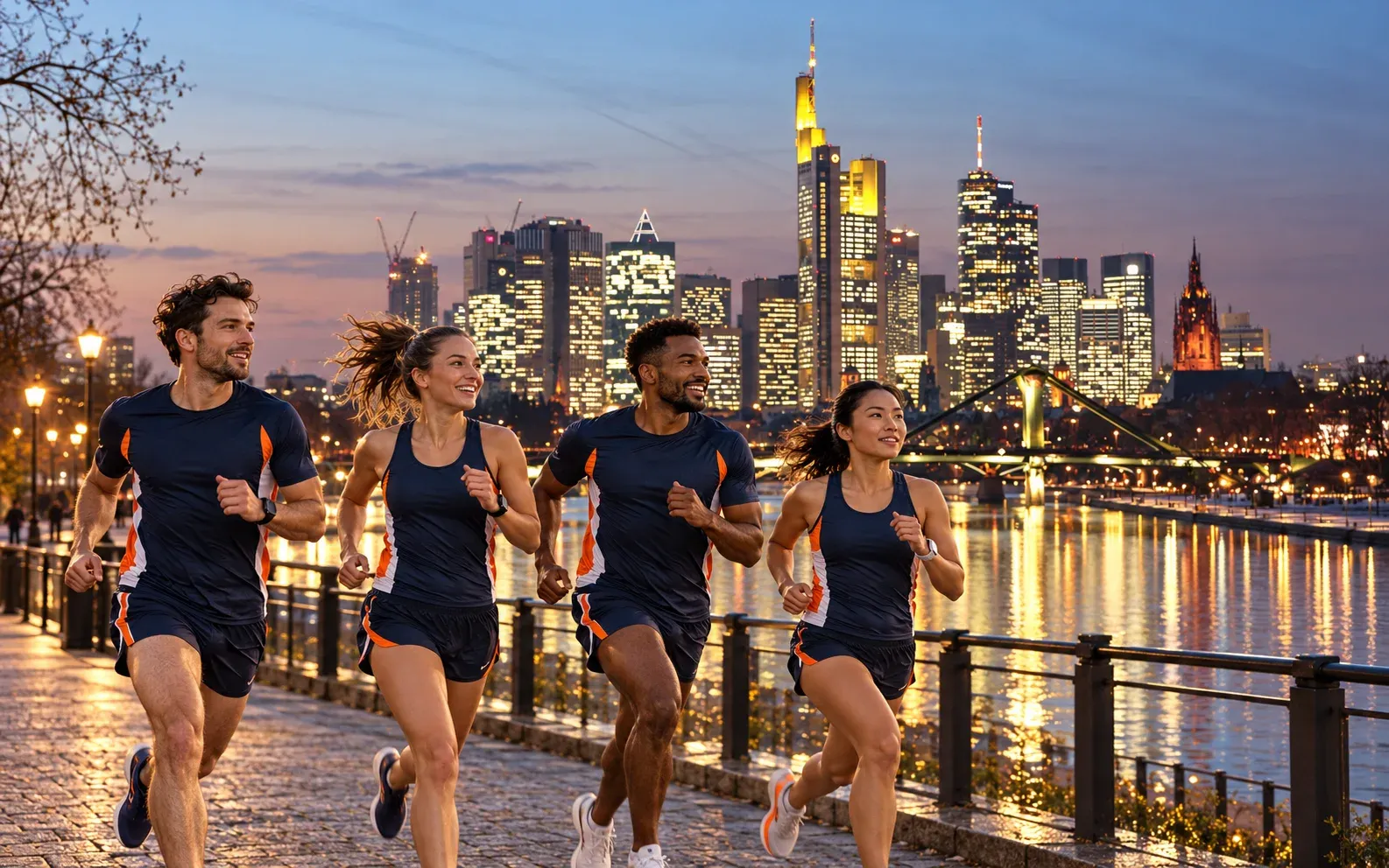 Running illustration for Frankfurt: adult runners in a destination setting; not the featured race edition or its course.