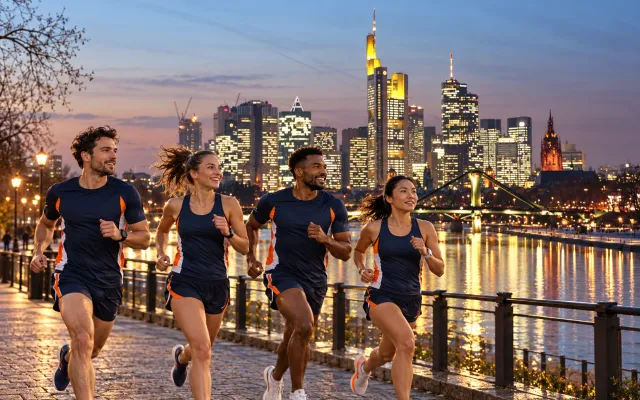 Running illustration for Frankfurt: adult runners in a destination setting; not the featured race edition or its course.