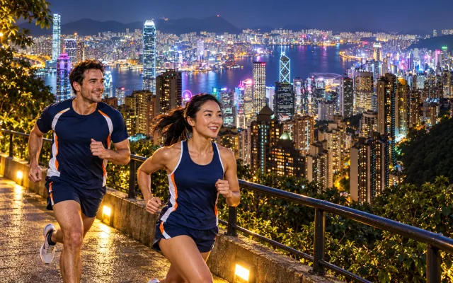 Running illustration for Hong Kong: adult runners in a destination setting; not the featured race edition or its course.