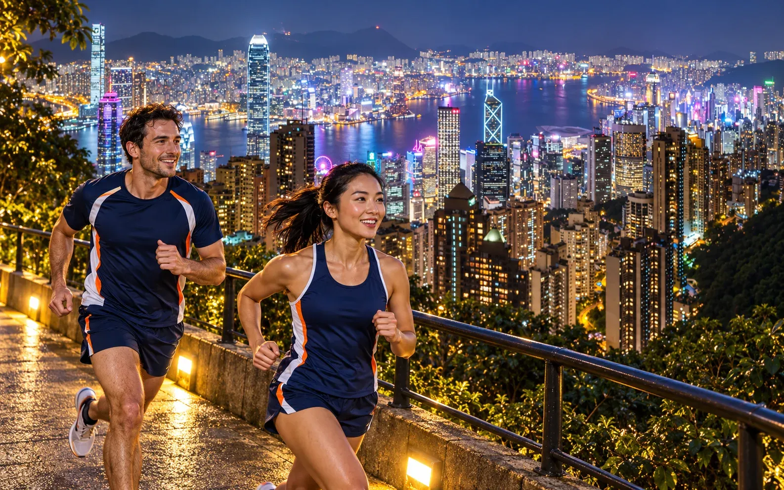 Running illustration for Hong Kong: adult runners in a destination setting; not the featured race edition or its course.