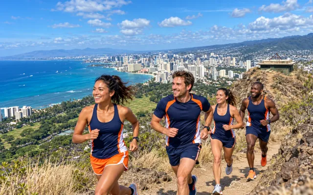 Running illustration for Honolulu: adult runners in a destination setting; not the featured race edition or its course.