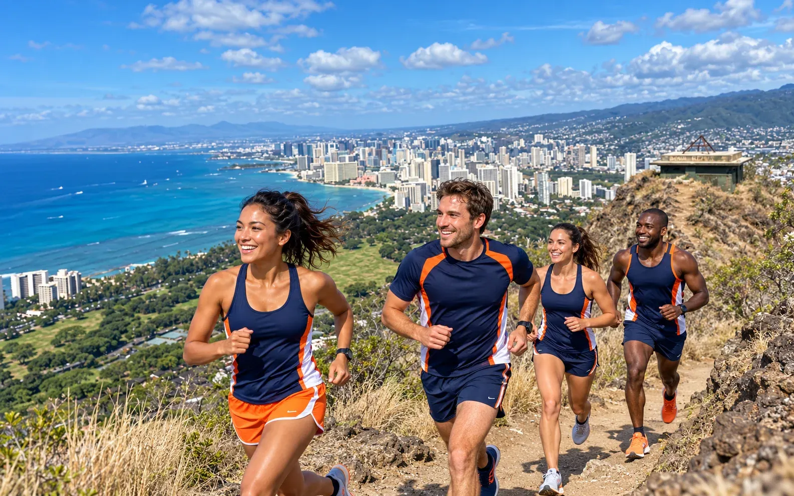 Running illustration for Honolulu: adult runners in a destination setting; not the featured race edition or its course.