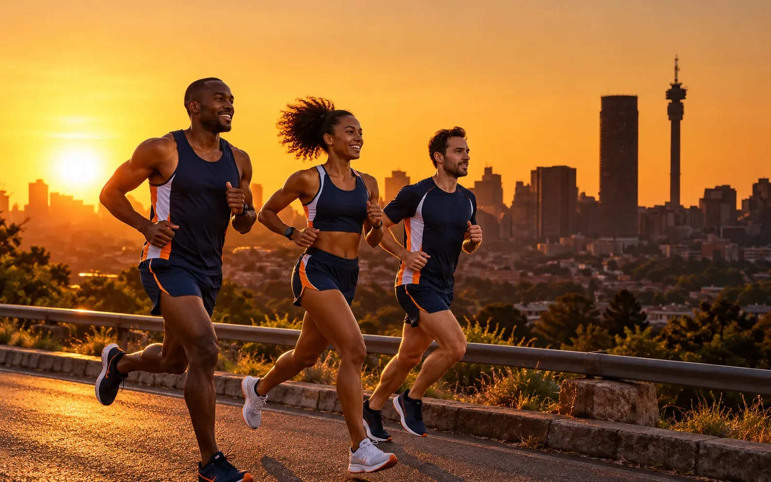 Running illustration for Johannesburg: adult runners in a destination setting; not the featured race edition or its course.
