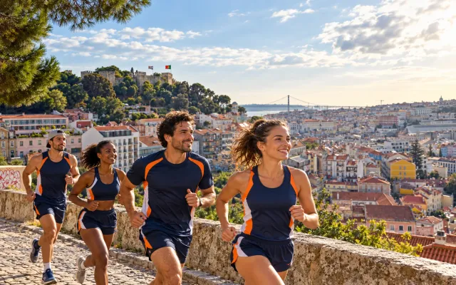 Running illustration for Lisbon: adult runners in a destination setting; not the featured race edition or its course.