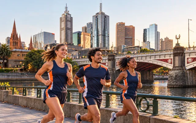 Running illustration for Melbourne: adult runners in a destination setting; not the featured race edition or its course.