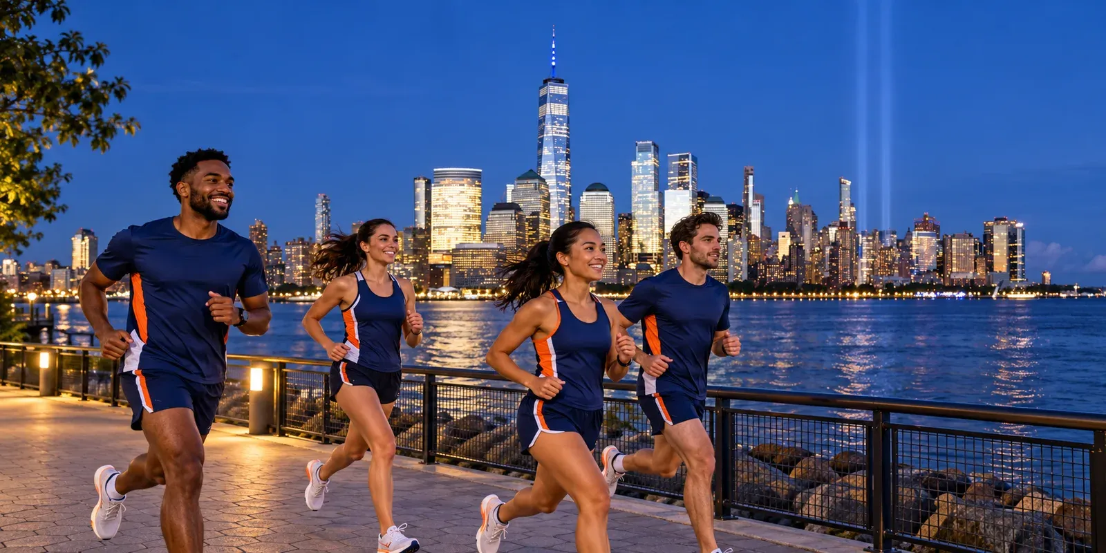Running illustration for New York City: adult runners in a destination setting; not the featured race edition or its course.