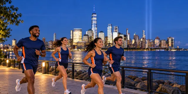 Running illustration for New York City: adult runners in a destination setting; not the featured race edition or its course.