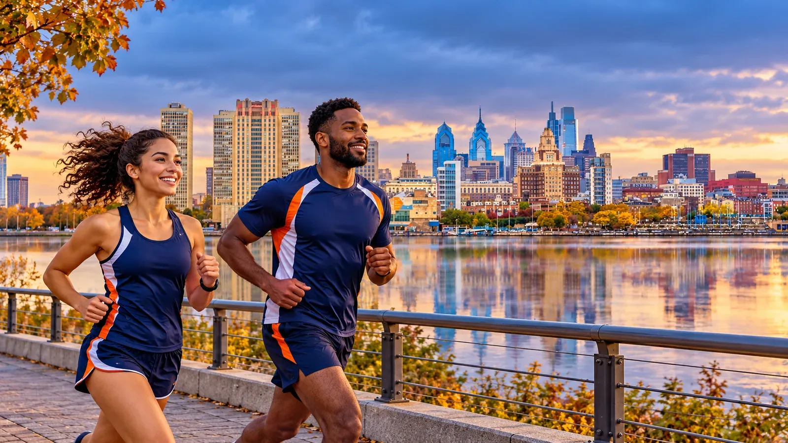 Running illustration for Philadelphia: adult runners in a destination setting; not the featured race edition or its course.