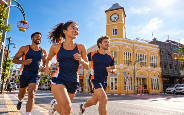 Running illustration for Phuket: adult runners in a destination setting; not the featured race edition or its course.