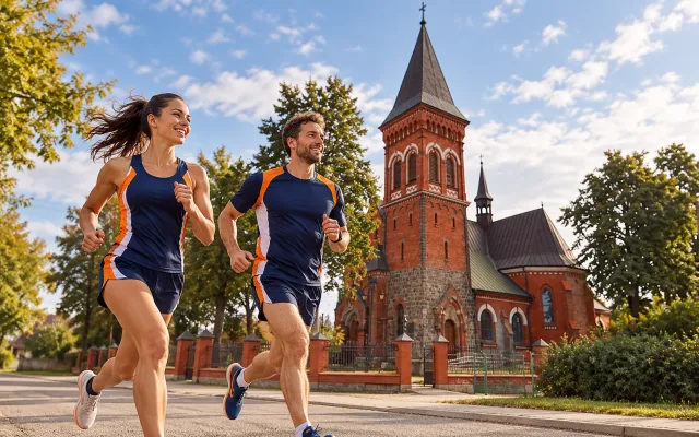 Running illustration for Borzęcin: adult runners in a destination setting; not the featured race edition or its course.