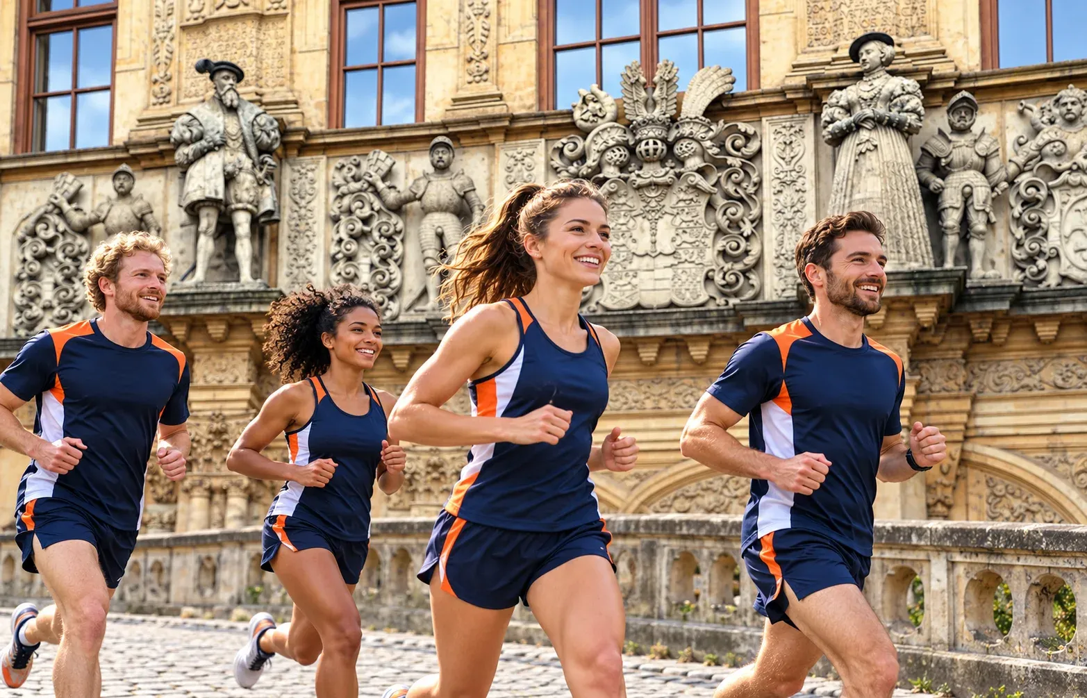 Running illustration for Brzeg: adult runners in a destination setting; not the featured race edition or its course.