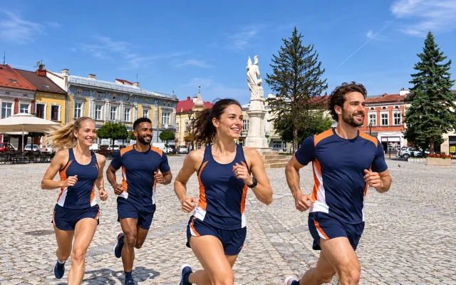 Running illustration for Brzesko: adult runners in a destination setting; not the featured race edition or its course.