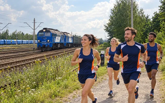 Running illustration for Bukowno: adult runners in a destination setting; not the featured race edition or its course.