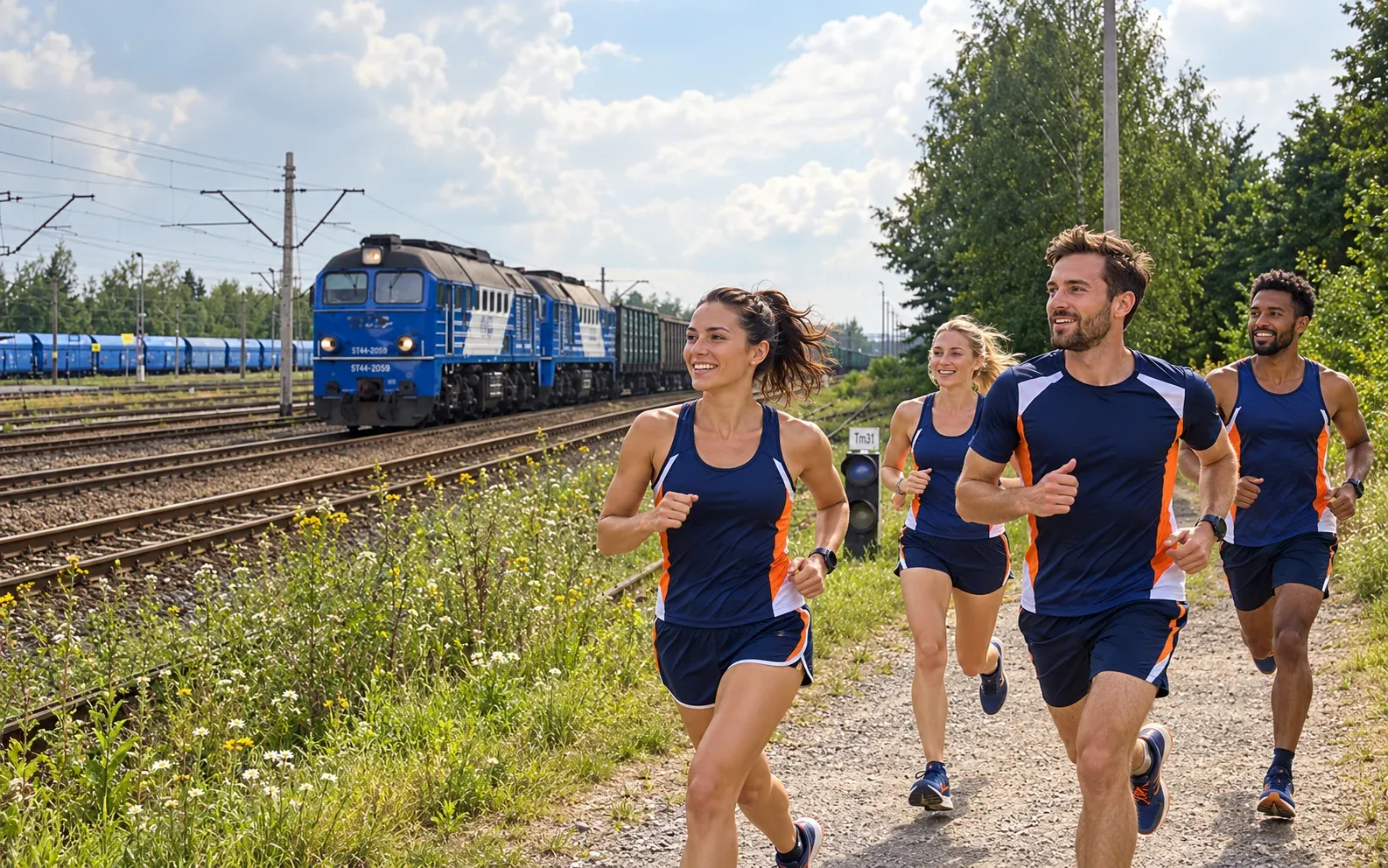 Running illustration for Bukowno: adult runners in a destination setting; not the featured race edition or its course.