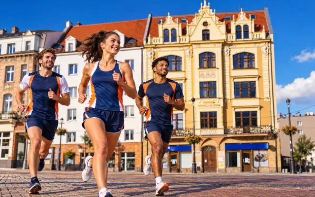 Running illustration for Bytom: adult runners in a destination setting; not the featured race edition or its course.