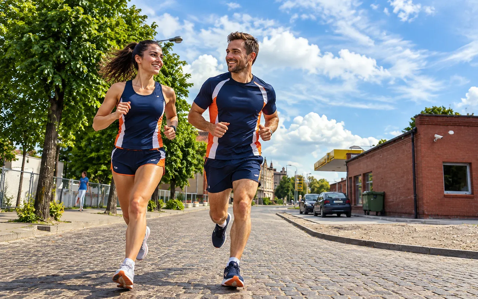 Running illustration for Chełmża: adult runners in a destination setting; not the featured race edition or its course.