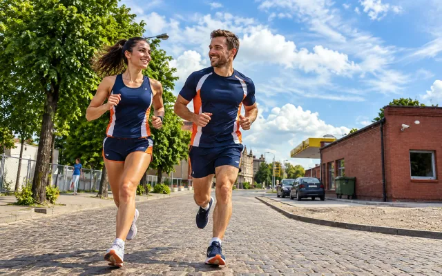 Running illustration for Chełmża: adult runners in a destination setting; not the featured race edition or its course.