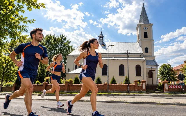 Running illustration for Cieszanów: adult runners in a destination setting; not the featured race edition or its course.