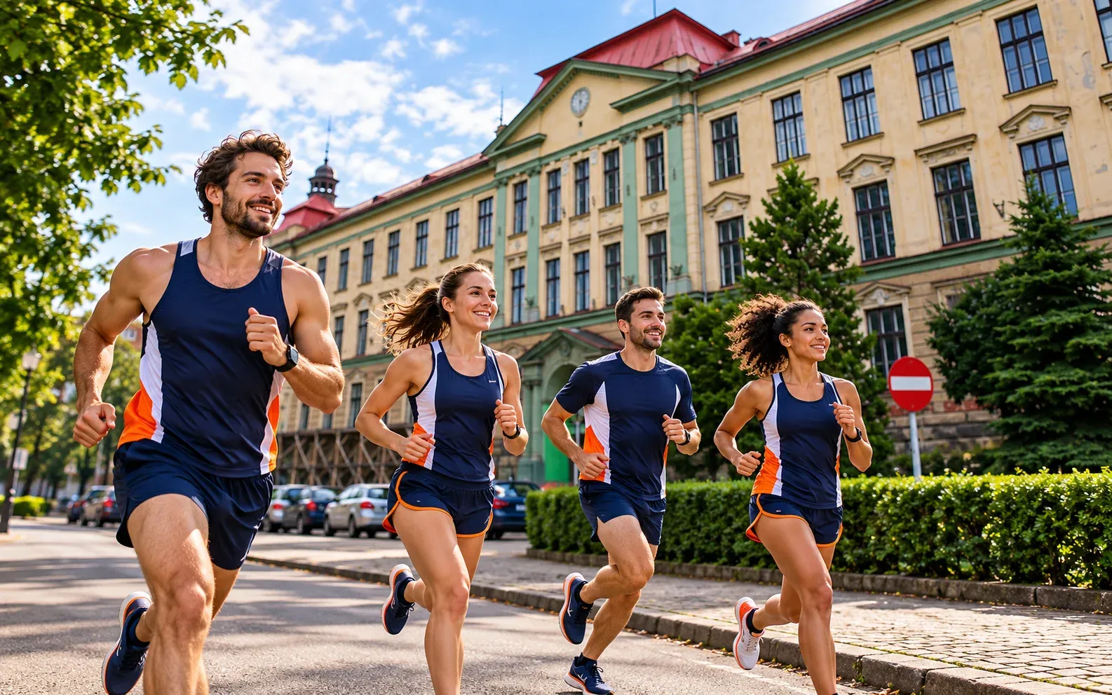 Running illustration for Cieszyn: adult runners in a destination setting; not the featured race edition or its course.