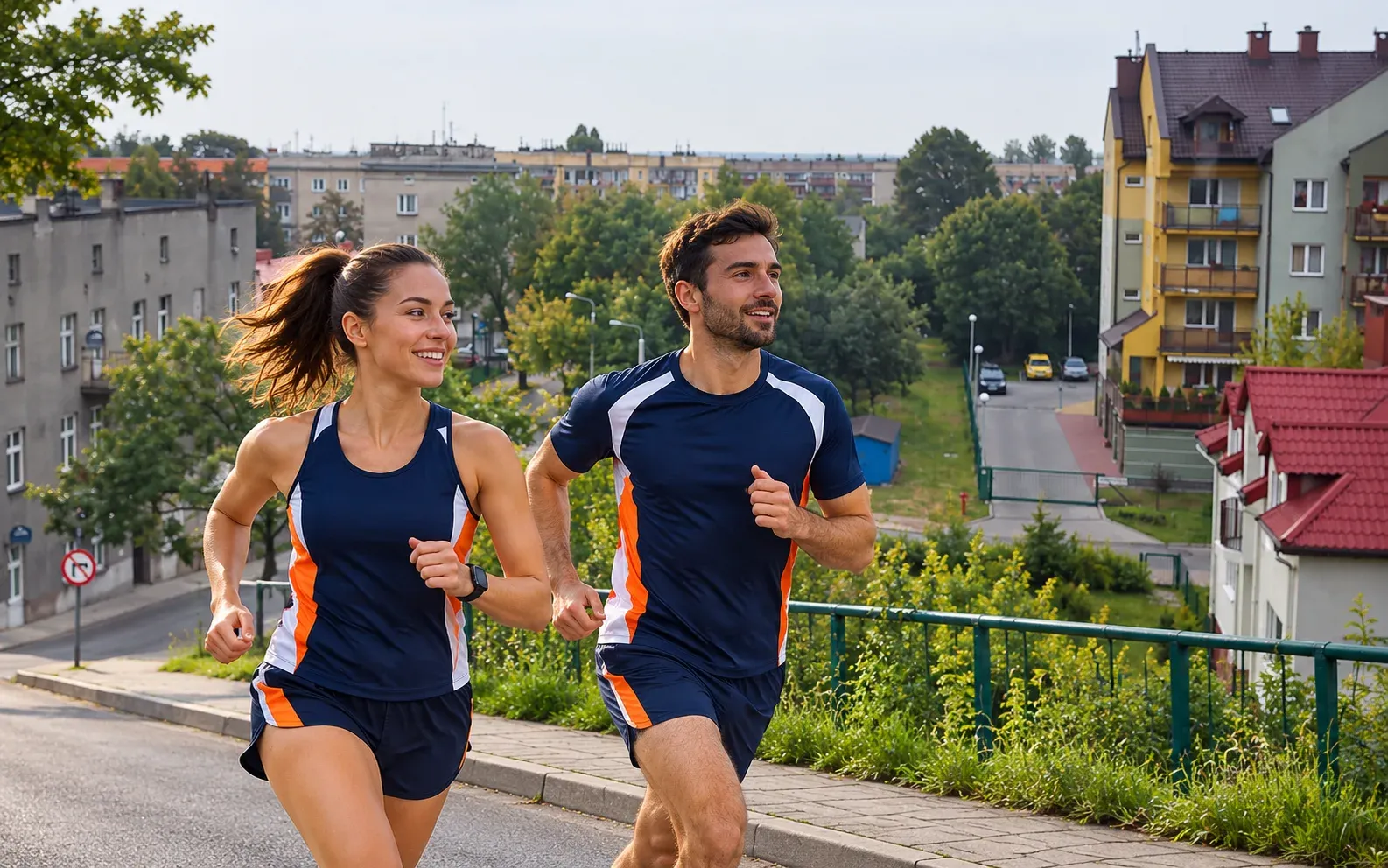 Running illustration for Dąbrowa Górnicza: adult runners in a destination setting; not the featured race edition or its course.