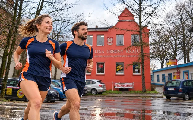 Running illustration for Dębno: adult runners in a destination setting; not the featured race edition or its course.