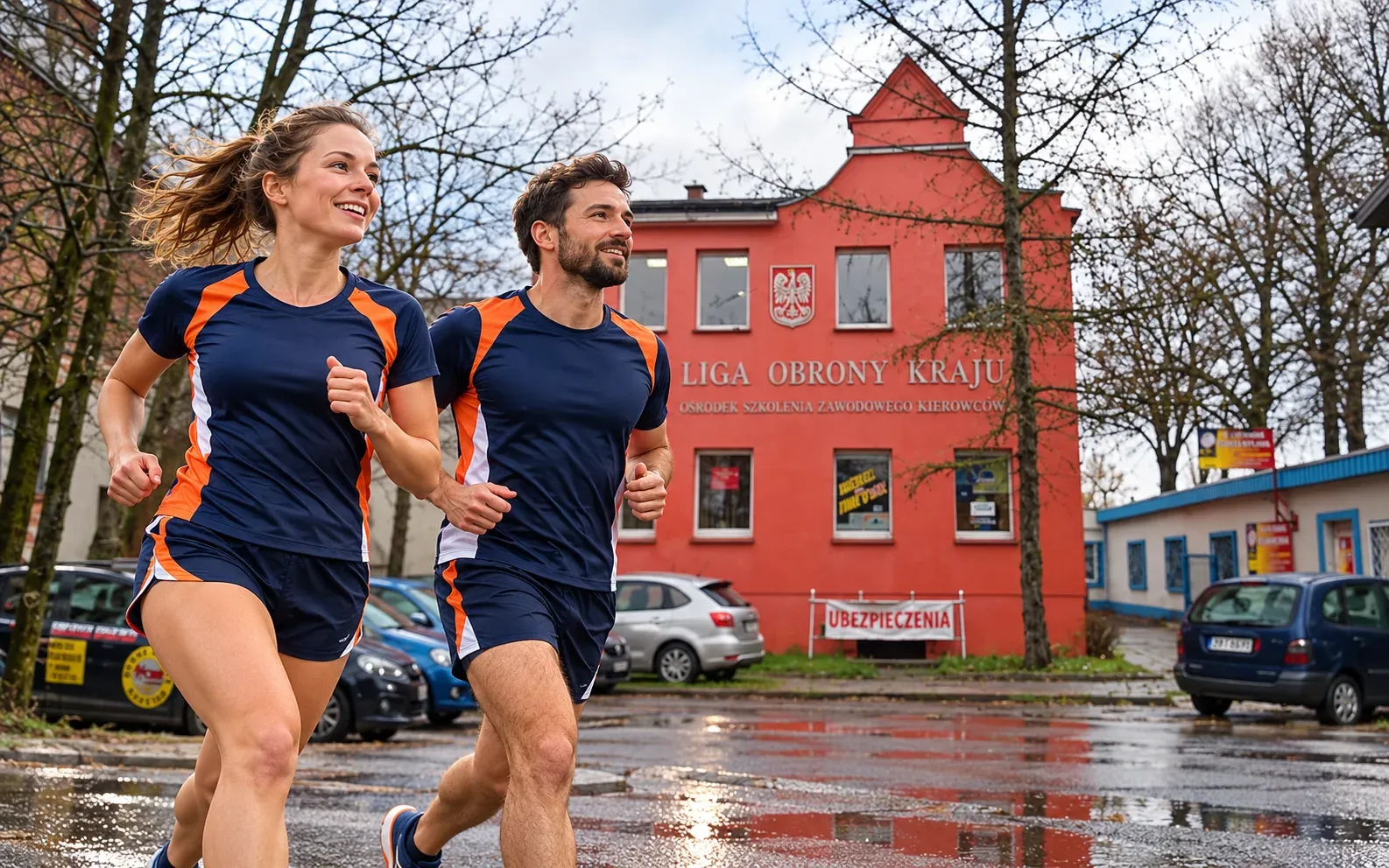 Running illustration for Dębno: adult runners in a destination setting; not the featured race edition or its course.