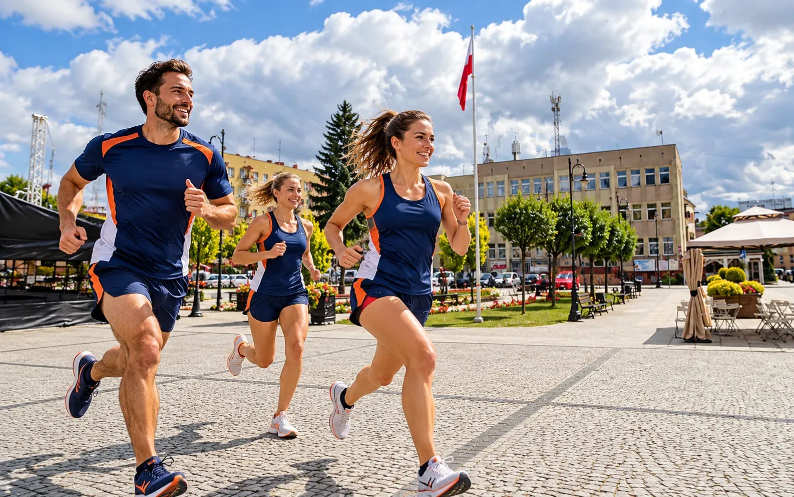 Running illustration for Dynów: adult runners in a destination setting; not the featured race edition or its course.
