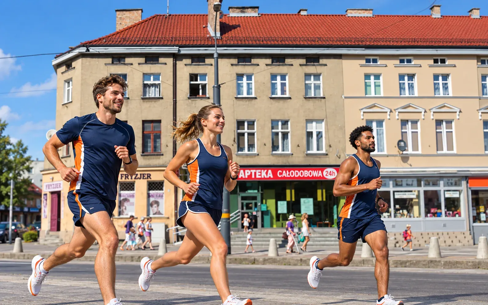 Running illustration for Elbląg: adult runners in a destination setting; not the featured race edition or its course.