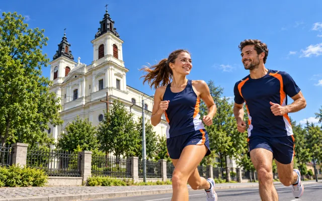 Running illustration for Garwolin: adult runners in a destination setting; not the featured race edition or its course.