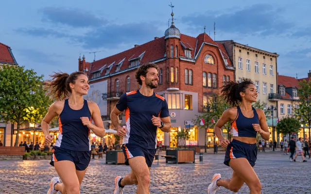 Running illustration for Gniezno: adult runners in a destination setting; not the featured race edition or its course.