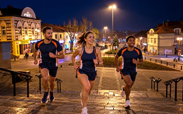 Running illustration for Jaworzno: adult runners in a destination setting; not the featured race edition or its course.