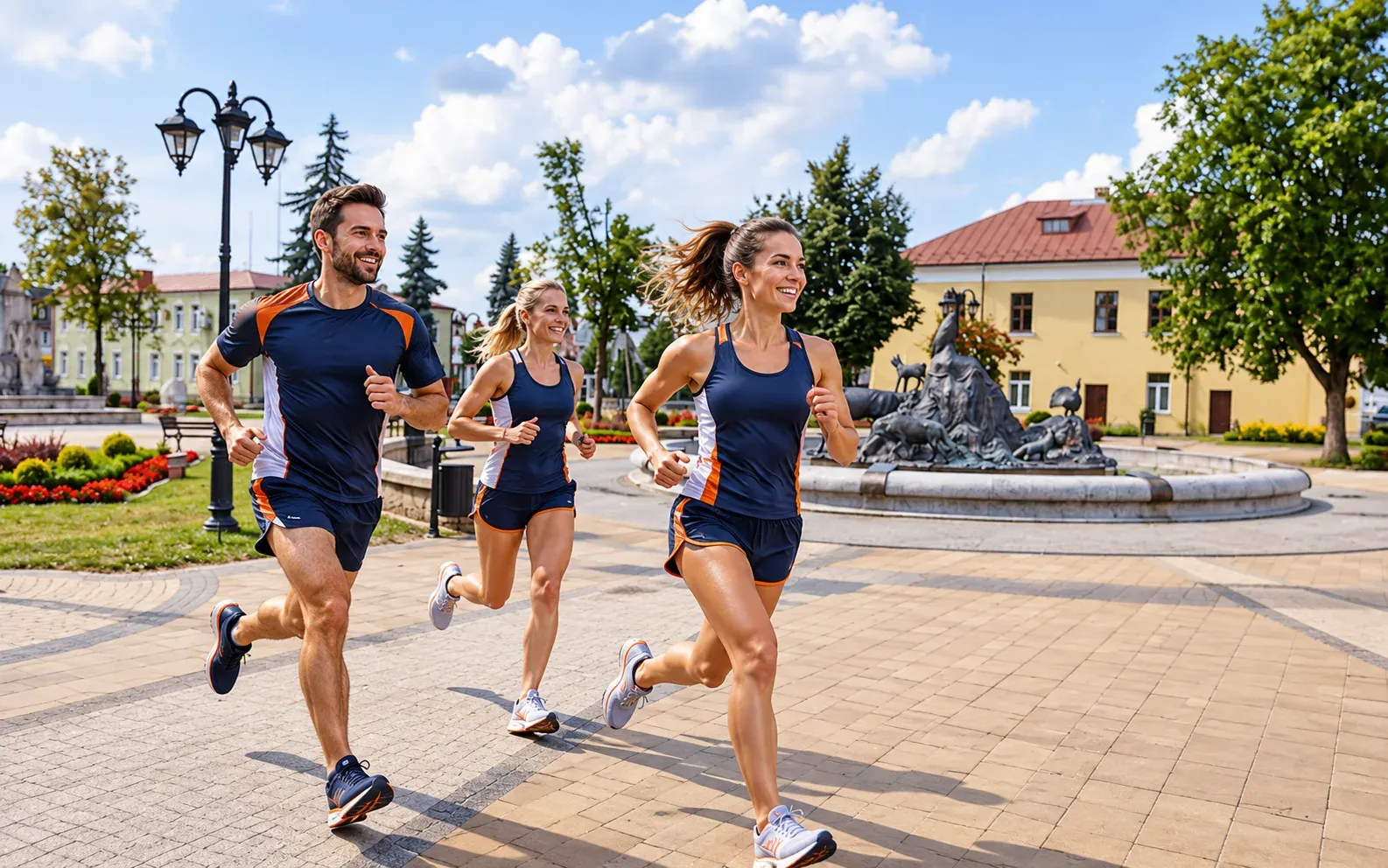 Running illustration for Józefów: adult runners in a destination setting; not the featured race edition or its course.