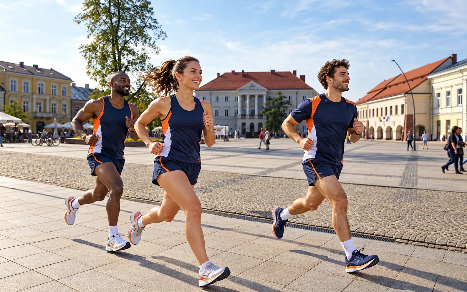 Running illustration for Kielce: adult runners in a destination setting; not the featured race edition or its course.
