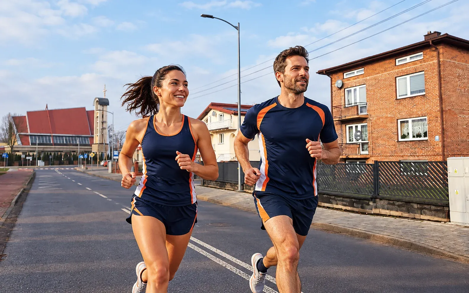 Running illustration for Kleszczów: adult runners in a destination setting; not the featured race edition or its course.