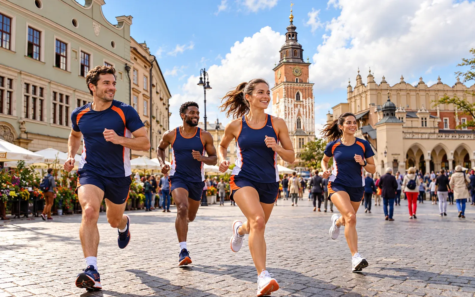 Running illustration for Kraków: adult runners in a destination setting; not the featured race edition or its course.