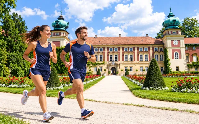 Running illustration for Łańcut: adult runners in a destination setting; not the featured race edition or its course.