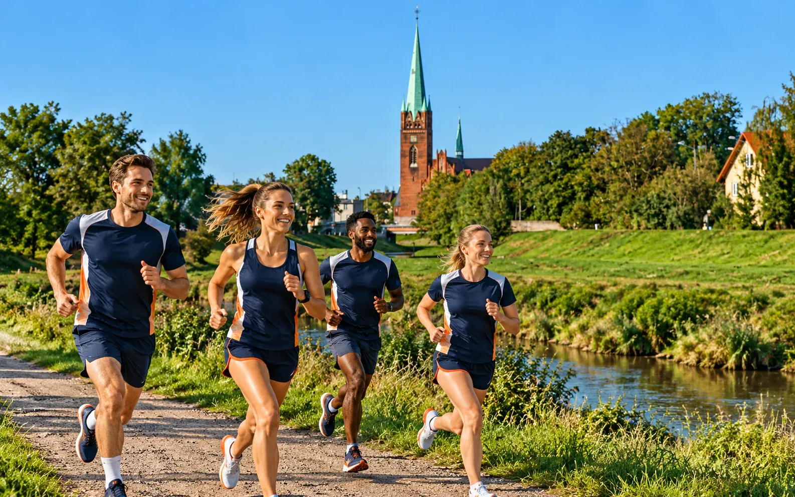 Running illustration for Legnica: adult runners in a destination setting; not the featured race edition or its course.