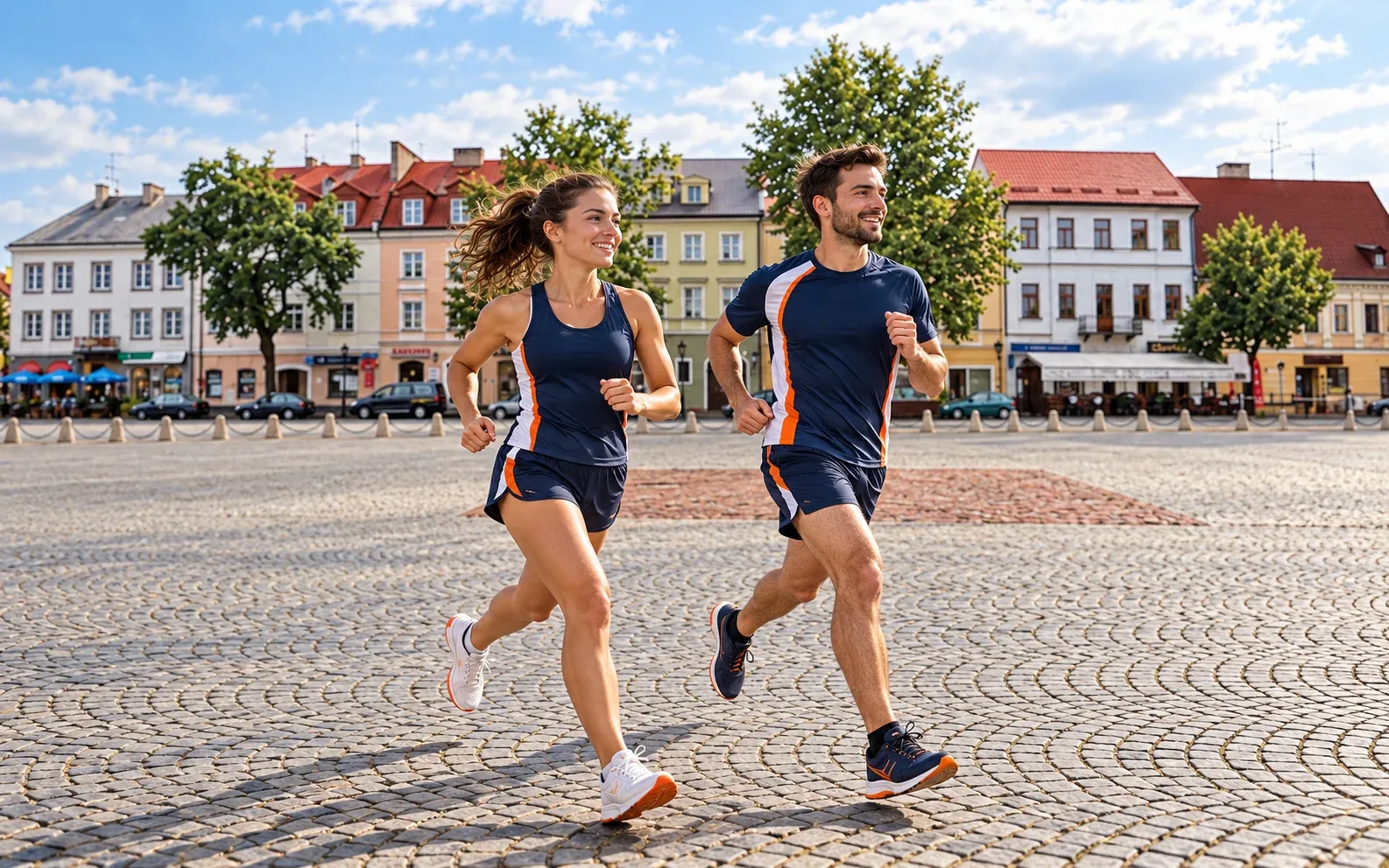 Running illustration for Łowicz: adult runners in a destination setting; not the featured race edition or its course.
