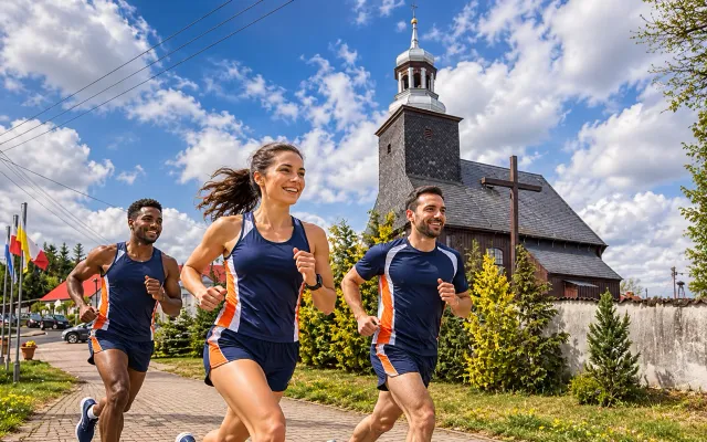 Running illustration for Lubrza: adult runners in a destination setting; not the featured race edition or its course.