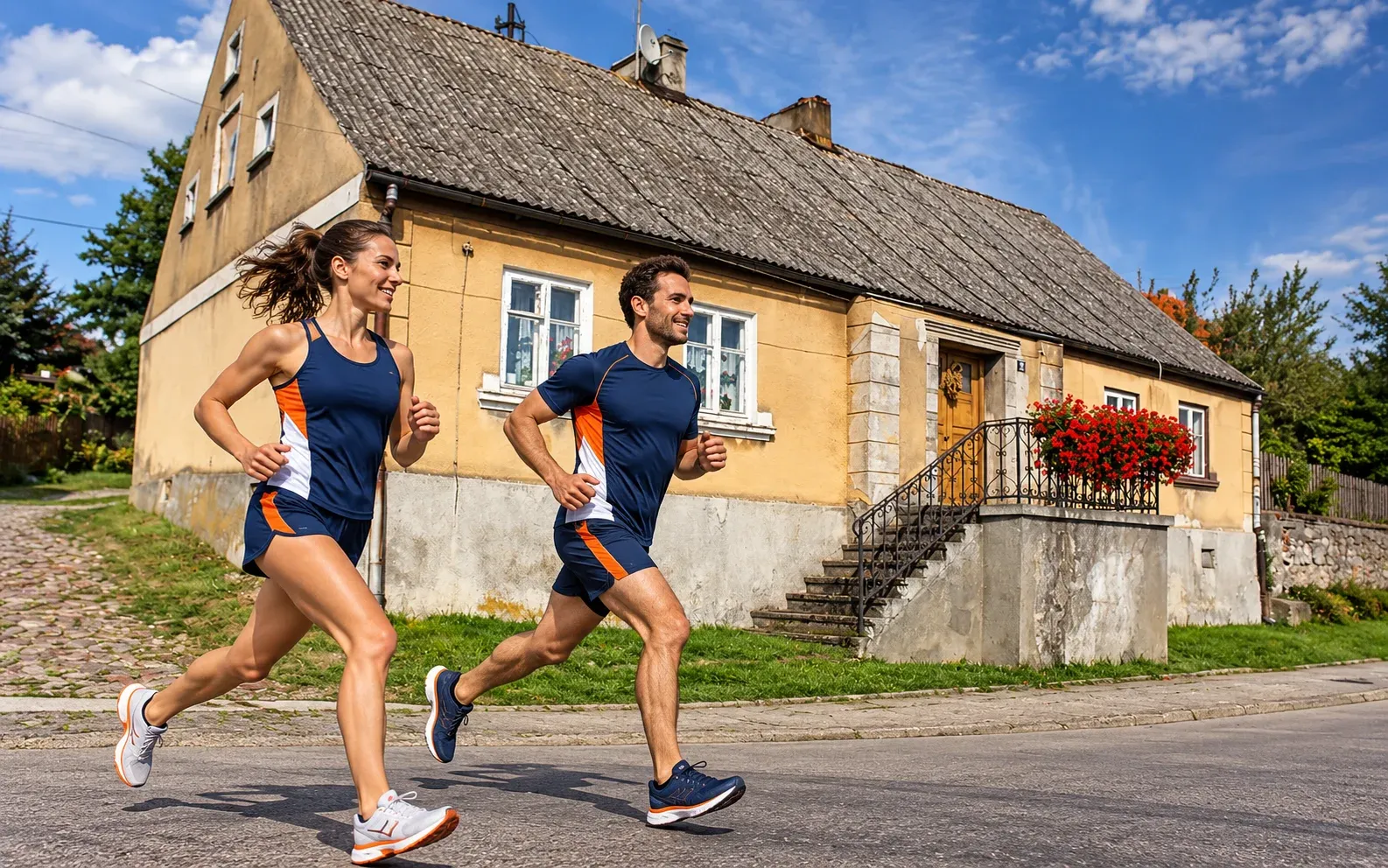 Running illustration for Mikołajki: adult runners in a destination setting; not the featured race edition or its course.