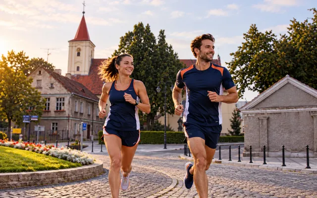 Running illustration for Nowa Sól: adult runners in a destination setting; not the featured race edition or its course.