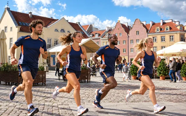 Running illustration for Olsztyn: adult runners in a destination setting; not the featured race edition or its course.