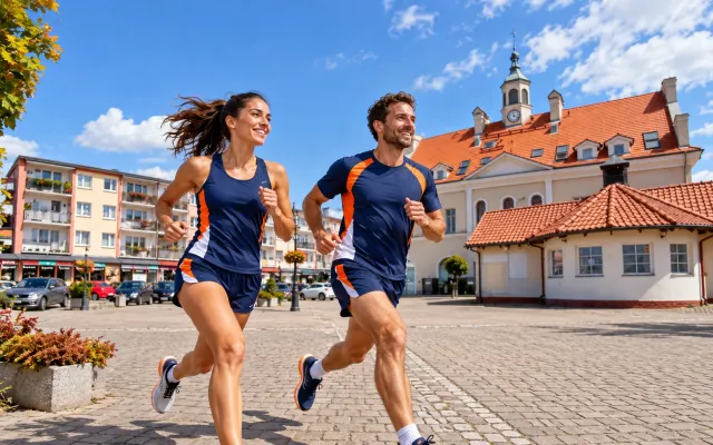 Running illustration for Ostróda: adult runners in a destination setting; not the featured race edition or its course.
