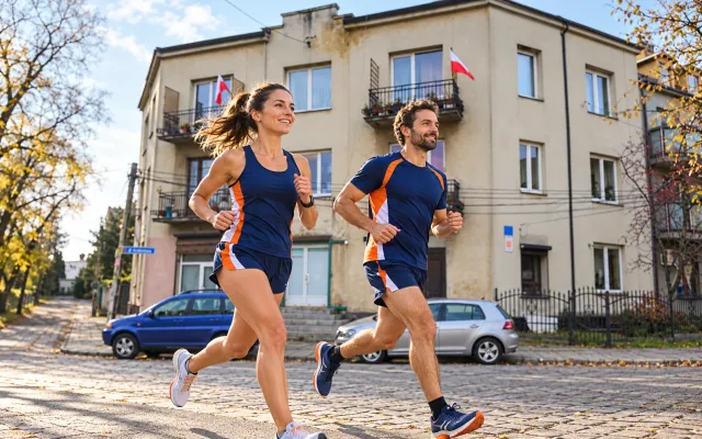 Running illustration for Piastów: adult runners in a destination setting; not the featured race edition or its course.